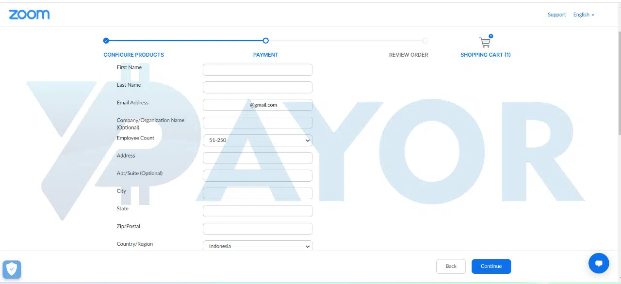 Form order upgrade Zoom di website resmi Zoom, tahap pengisian data pembayaran