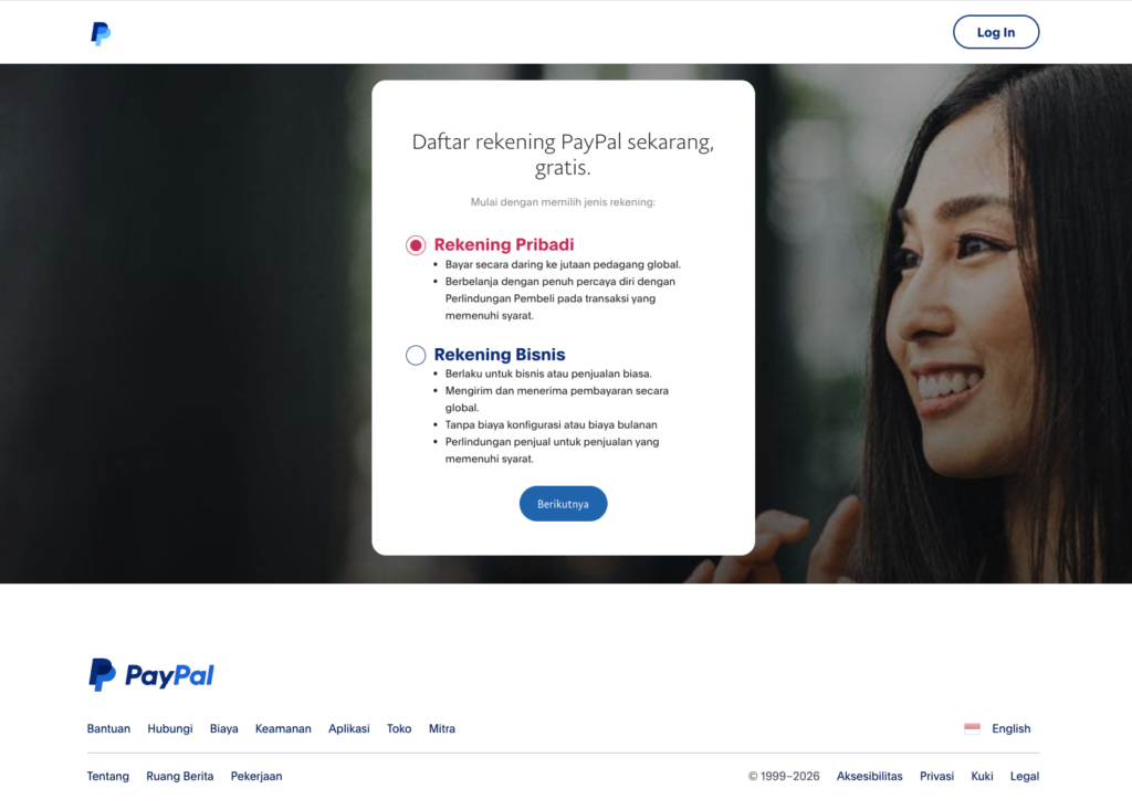 Pilihan jenis akun PayPal pribadi atau bisnis saat mendaftar