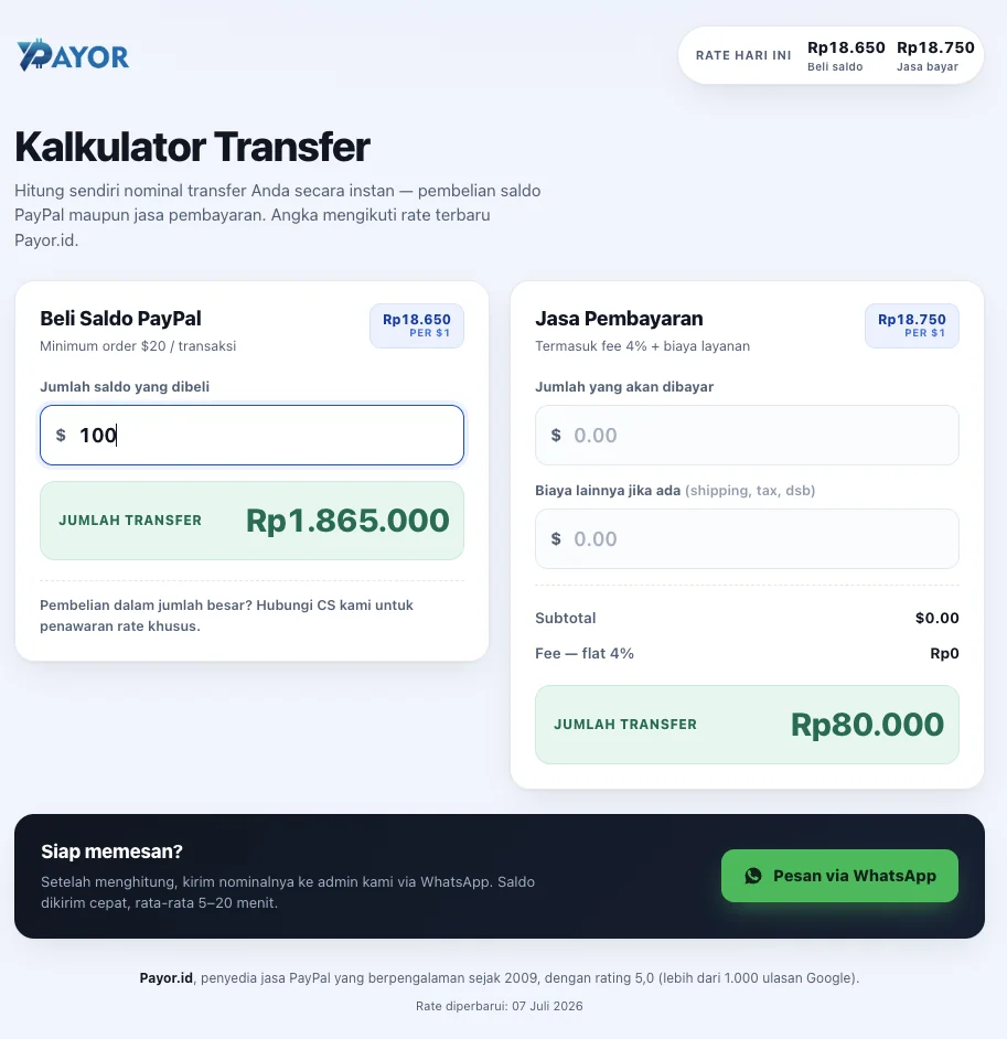menghitung biaya transfer pembelian paypal dengan kalkulator dari Payor.id