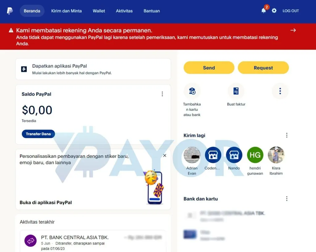 dashboard akun PayPal yang terkena limit permanen