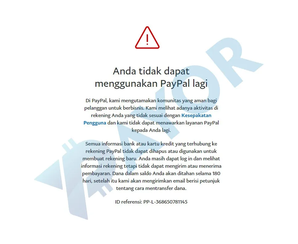 notifikasi akun PayPal dibatasi permanen 180 hari