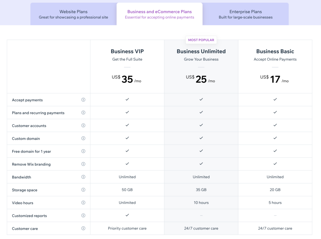 wix business and ecommerce plans