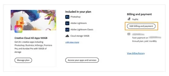 Edit penagihan dan pembayaran di akun Adobe