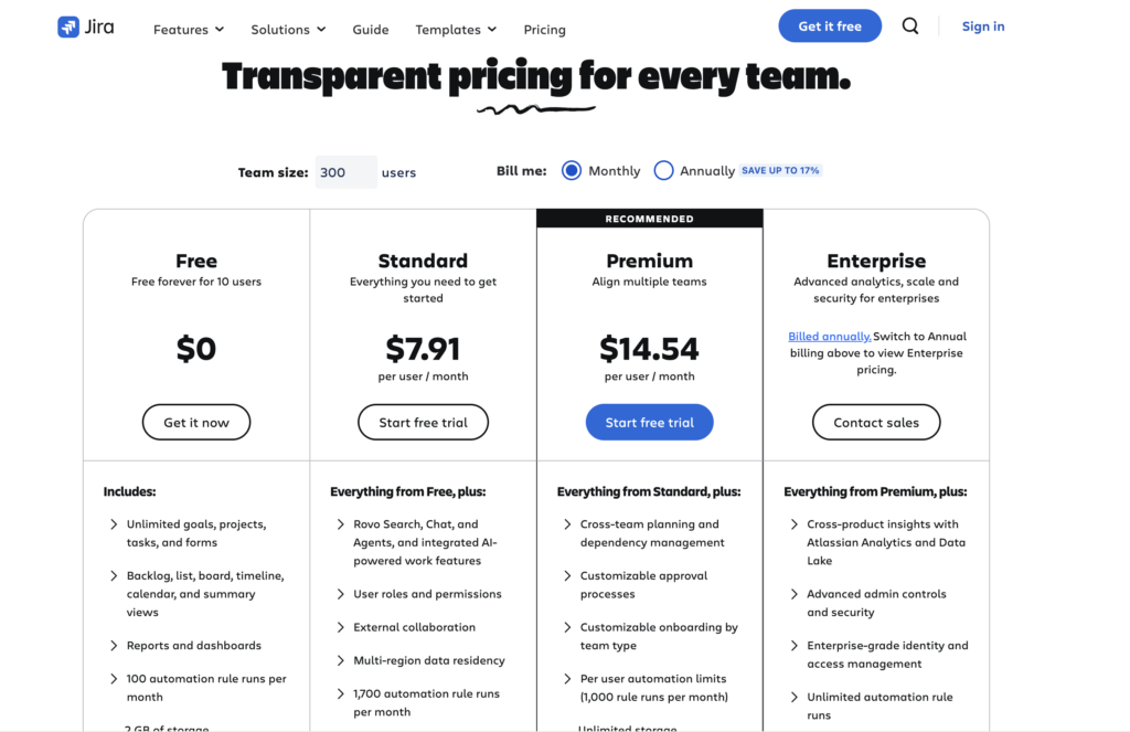 Halaman harga resmi Jira software per Juli 2026: Free, Standard, Premium, Enterprise