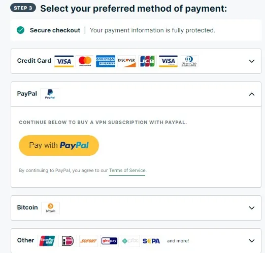 Pilihan metode pembayaran saat berlangganan ExpressVPN