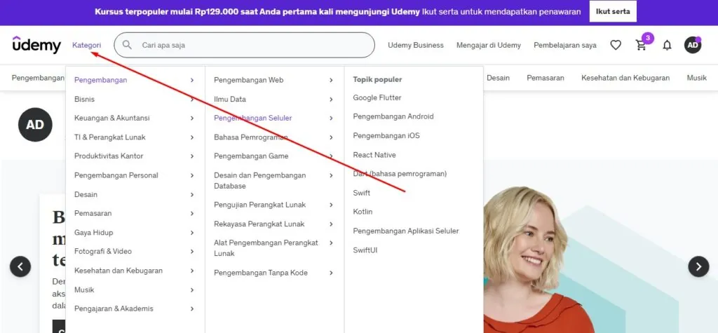 Kategori kursus yang tersedia di Udemy
