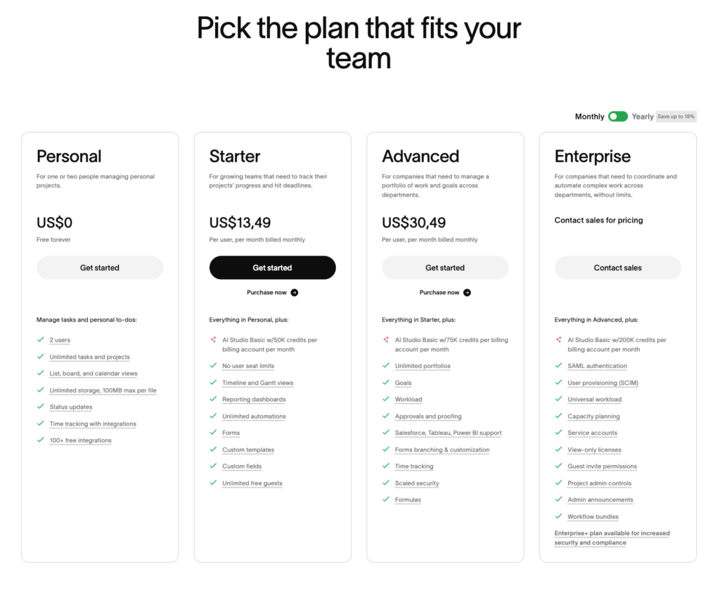 daftar harga Asana terbaru dari halaman resmi — Juli 2026