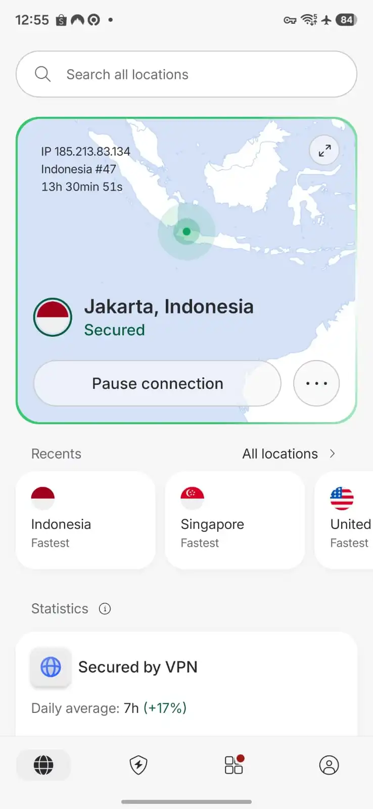 Statistik pemakaian harian NordVPN 7 jam per hari di ponsel
