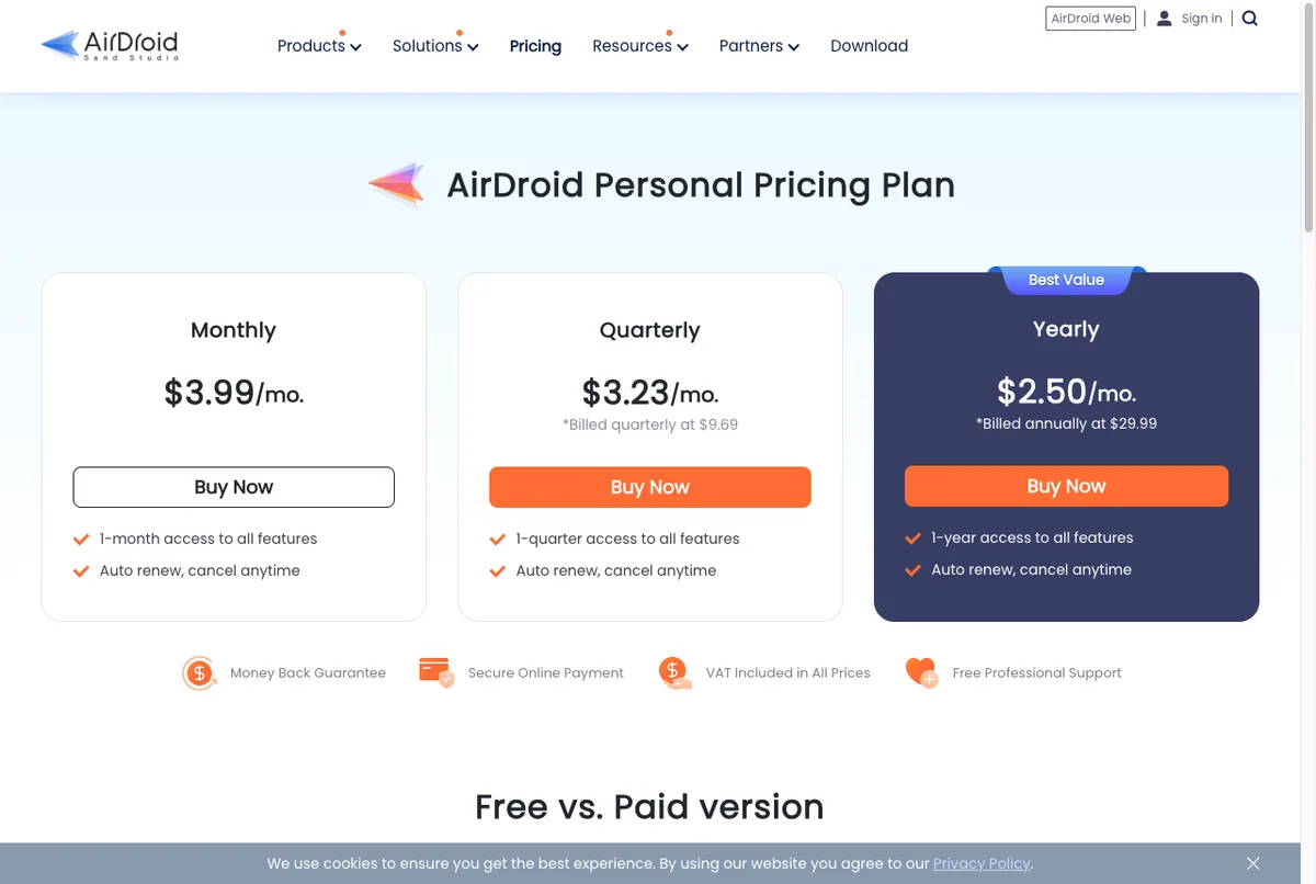 Halaman harga resmi AirDroid Personal: Monthly $3,99/bulan, Quarterly $3,23/bulan, Yearly $2,50/bulan