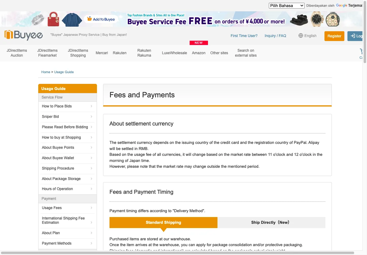 Halaman biaya resmi Buyee yang menampilkan purchase fee flat 500 yen per pesanan
