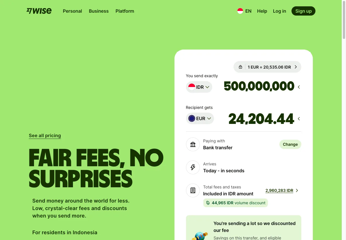 Halaman biaya resmi Wise untuk pengiriman uang dari Indonesia