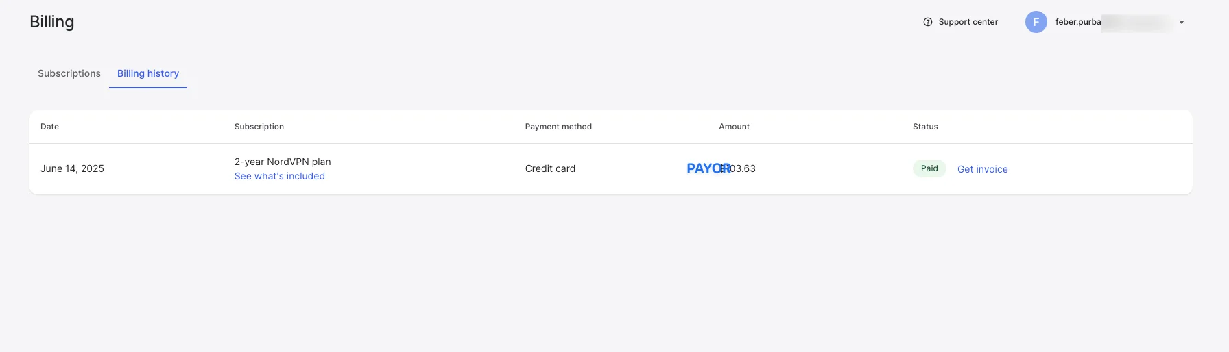 Bukti pembayaran langganan NordVPN paket 2 tahun oleh tim Payor