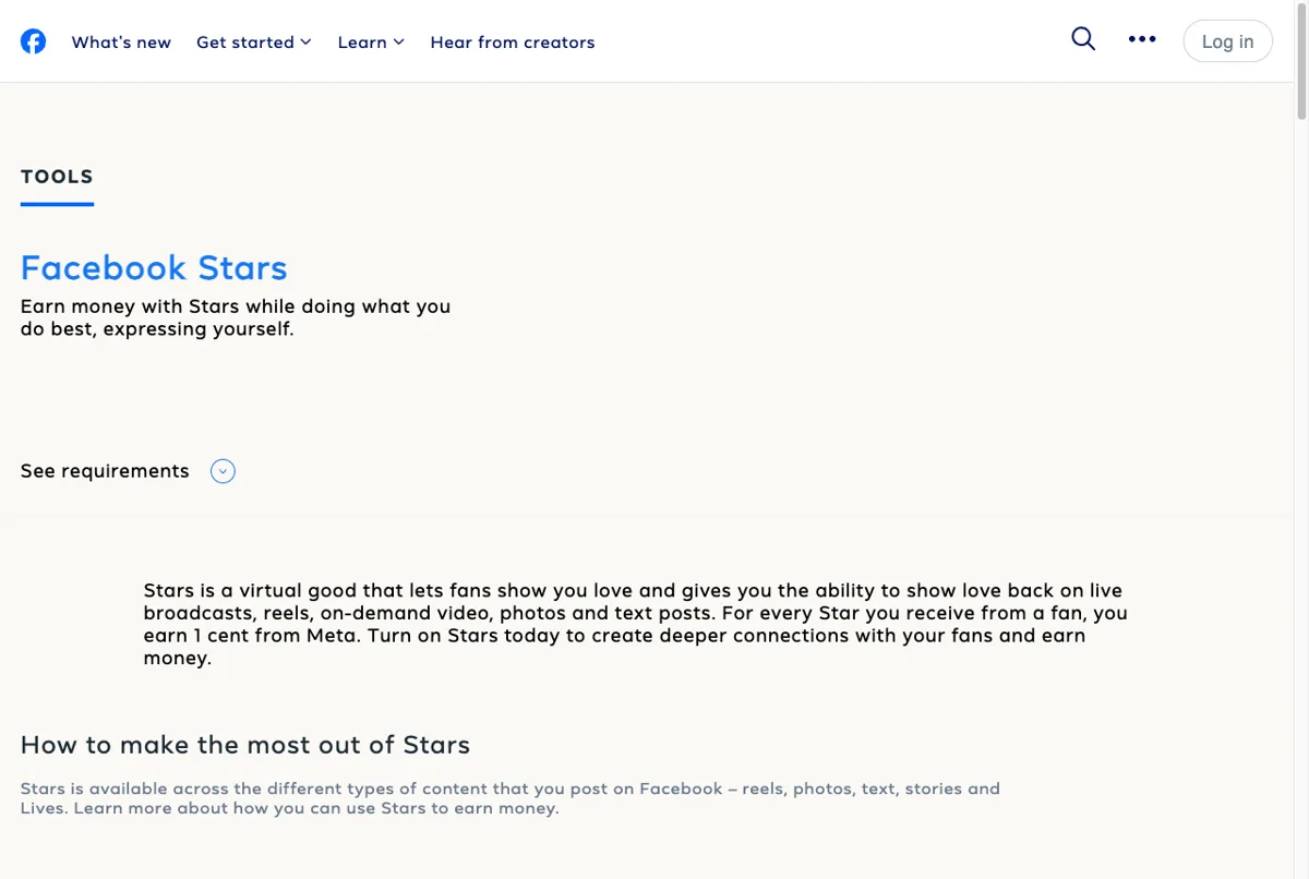 Halaman resmi Facebook Stars di Meta for Creators