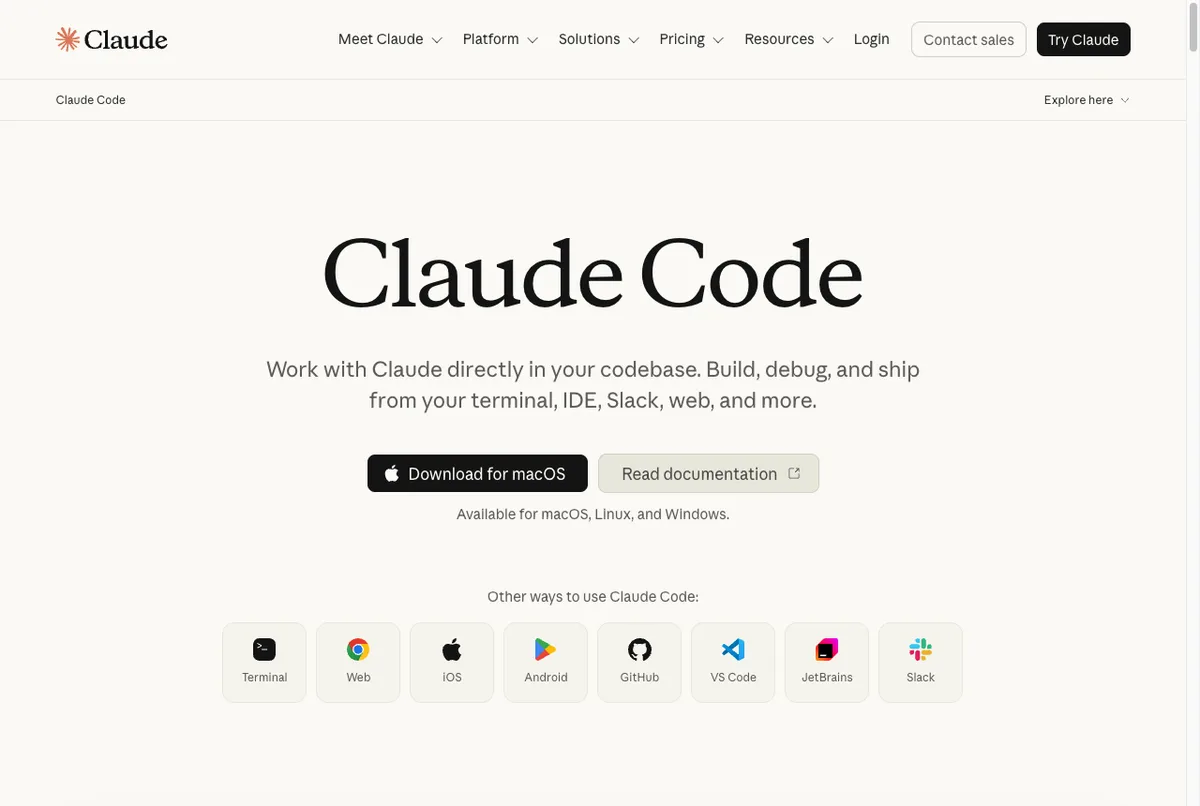 Halaman resmi Claude Code dari Anthropic, agen coding AI yang berjalan di terminal