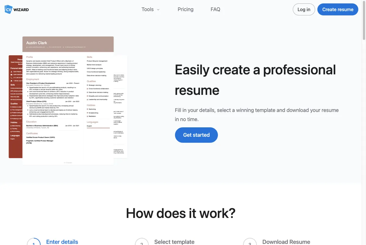 Halaman resmi CVwizard pembuat CV online profesional