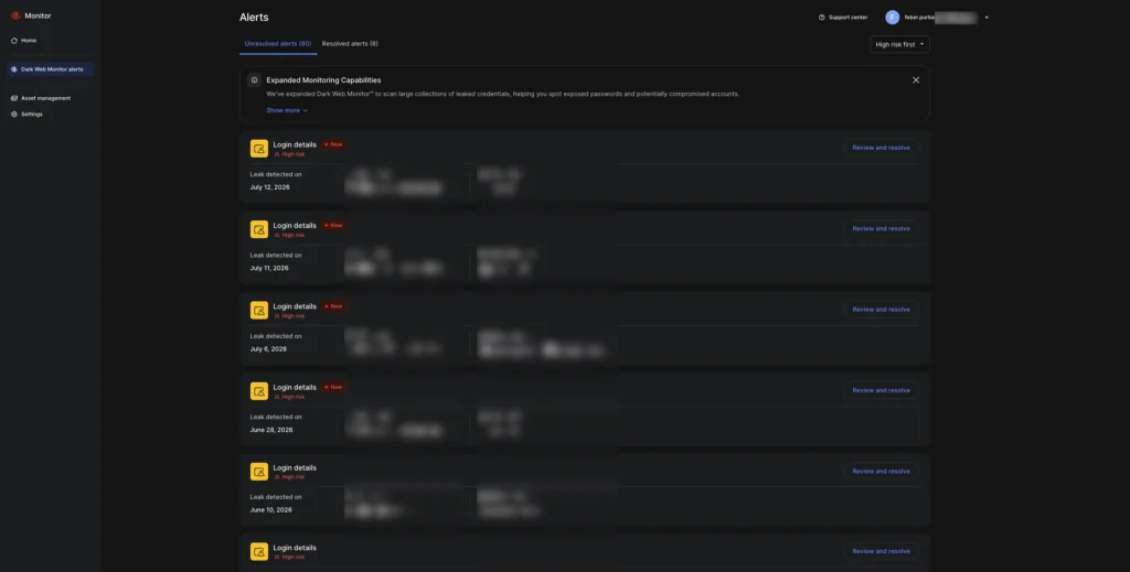 Dark Web Monitor NordVPN menampilkan 90 peringatan kebocoran data