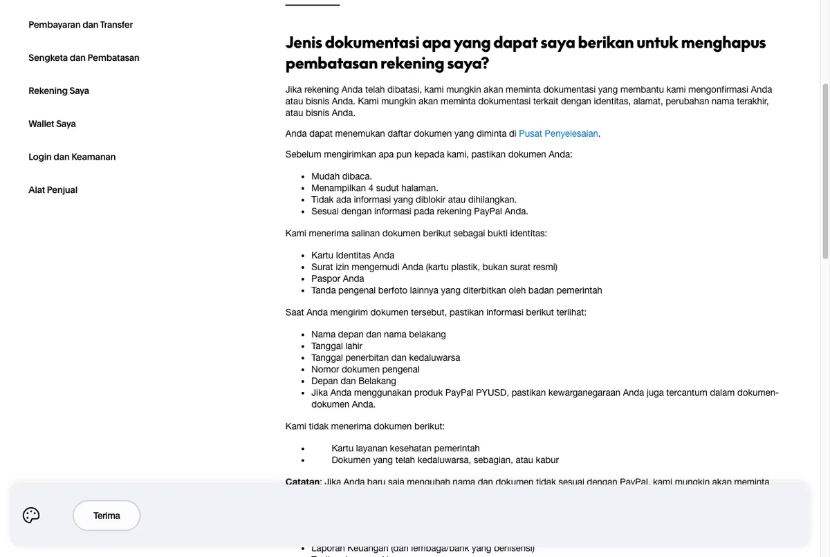 Daftar dokumen identitas yang diterima PayPal beserta nomor dokumen pengenal