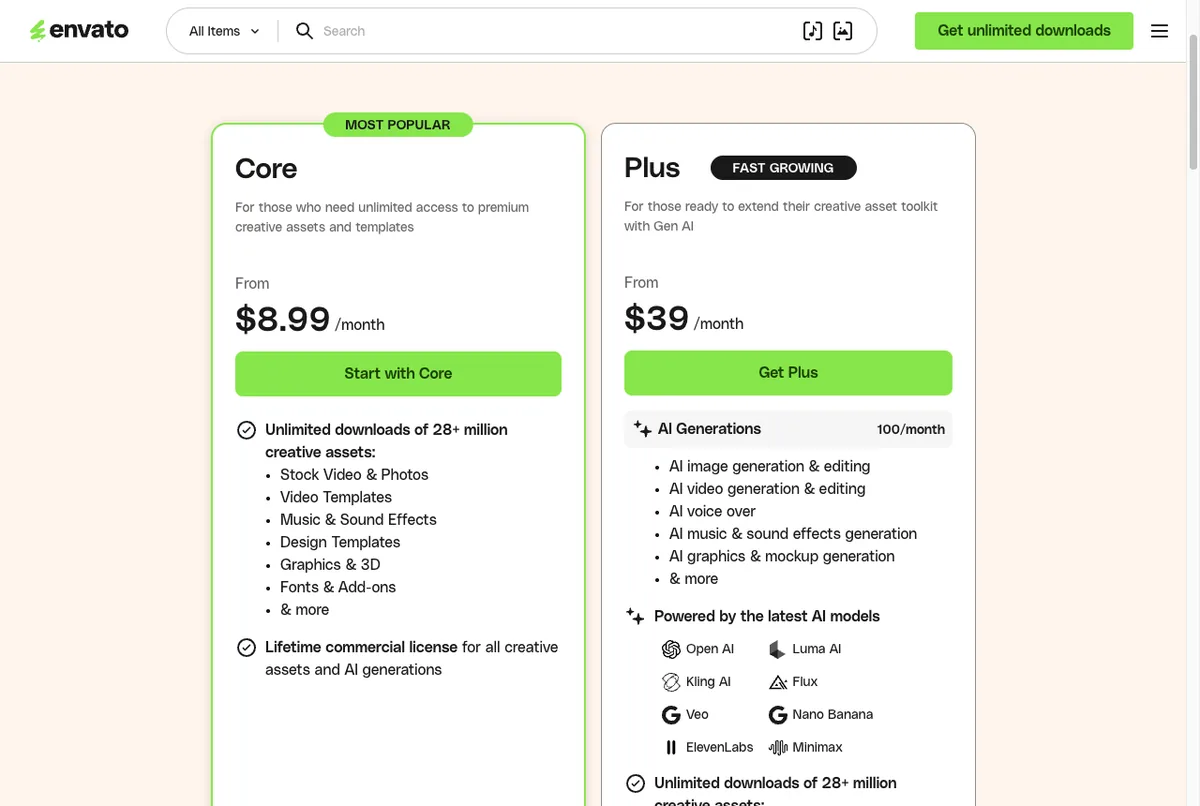 Halaman harga resmi Envato: paket Core mulai 8,99 dolar per bulan dan Plus 39 dolar per bulan