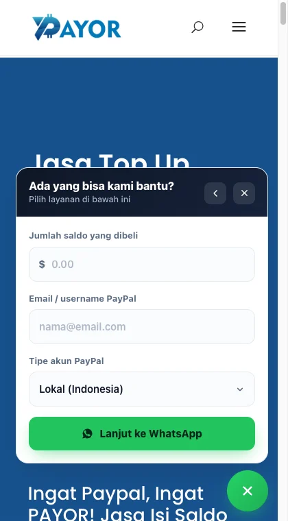 Form beli saldo PayPal di dalam widget chat WhatsApp Payor.id