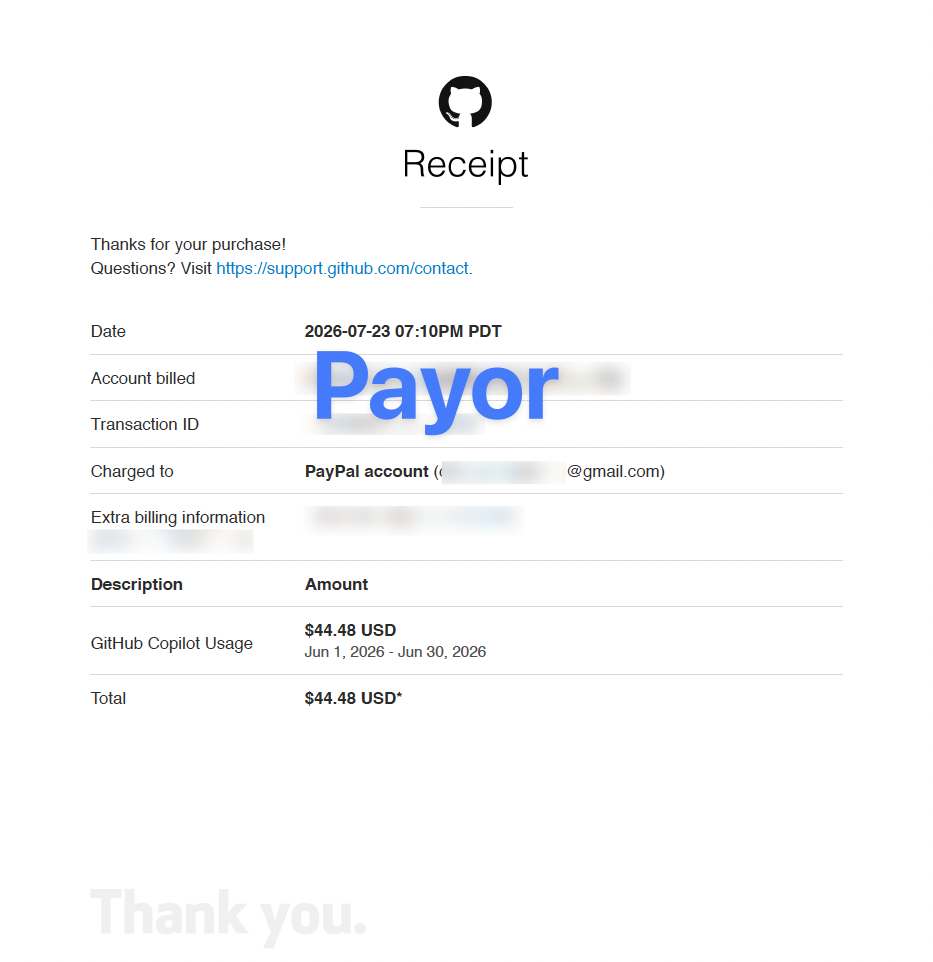Bukti pembayaran GitHub Copilot lewat Payor senilai US$44,48