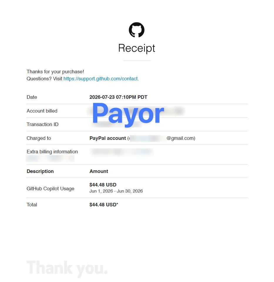 Bukti pembayaran GitHub Copilot lewat Payor senilai US$44,48
