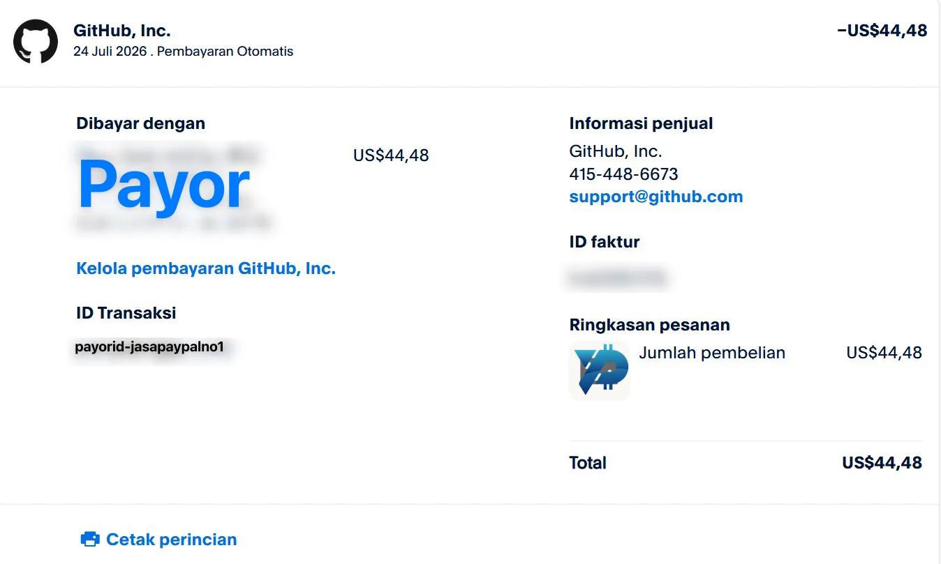 Resi resmi GitHub Copilot dibayar via PayPal oleh Payor