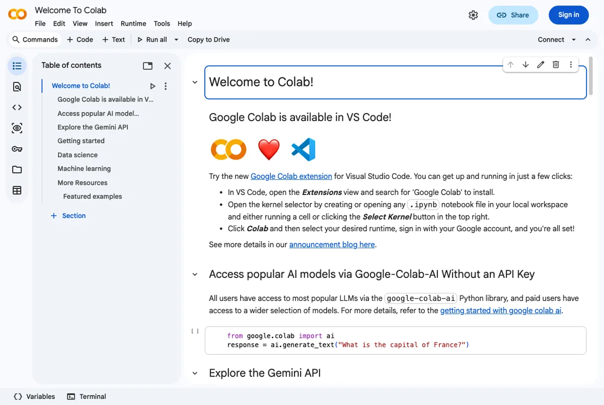 Halaman resmi Google Colab untuk menjalankan Python di cloud