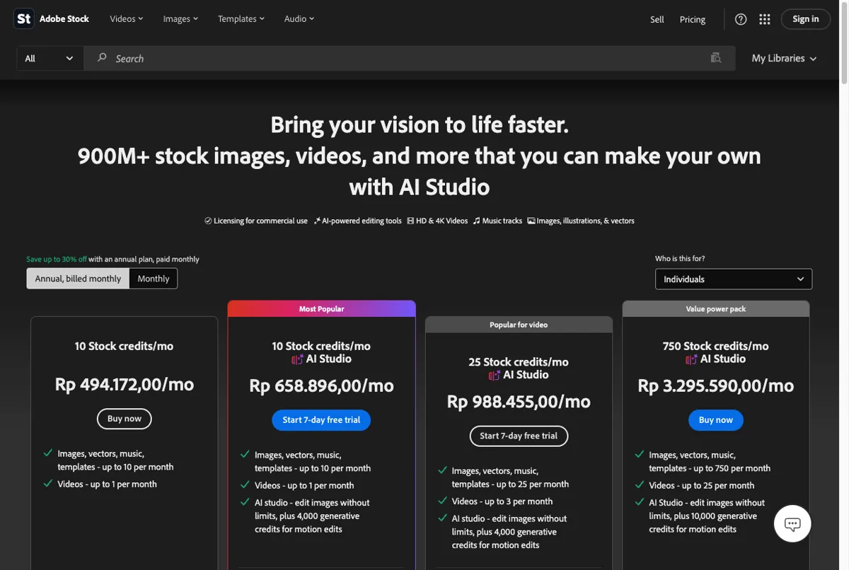 Harga paket Adobe Stock dalam Rupiah di halaman resmi per Juli 2026