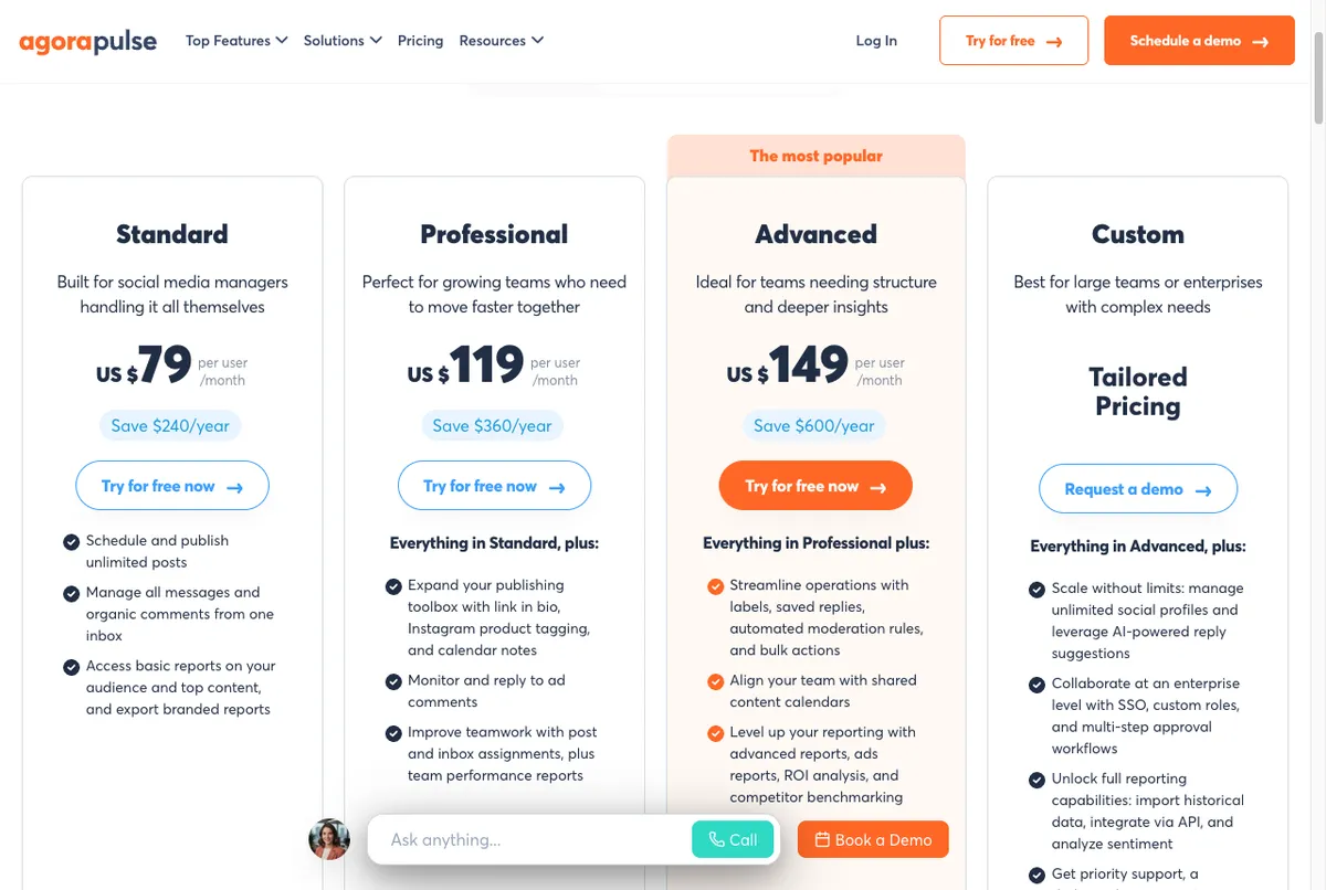 Tabel harga Agorapulse untuk manajemen media sosial di halaman resmi agorapulse.com