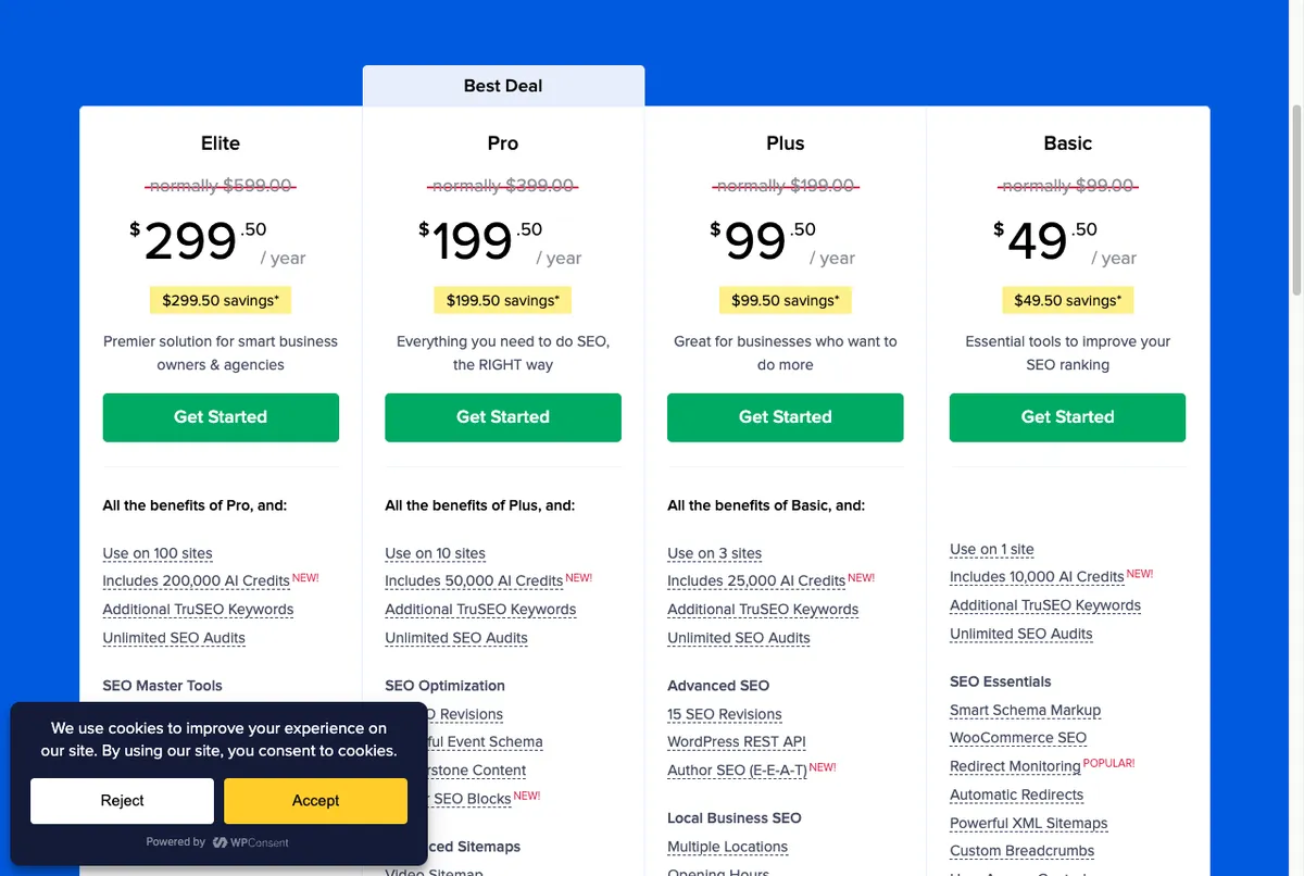 Tabel harga plugin AIO SEO (All in One SEO) di halaman resmi aioseo.com