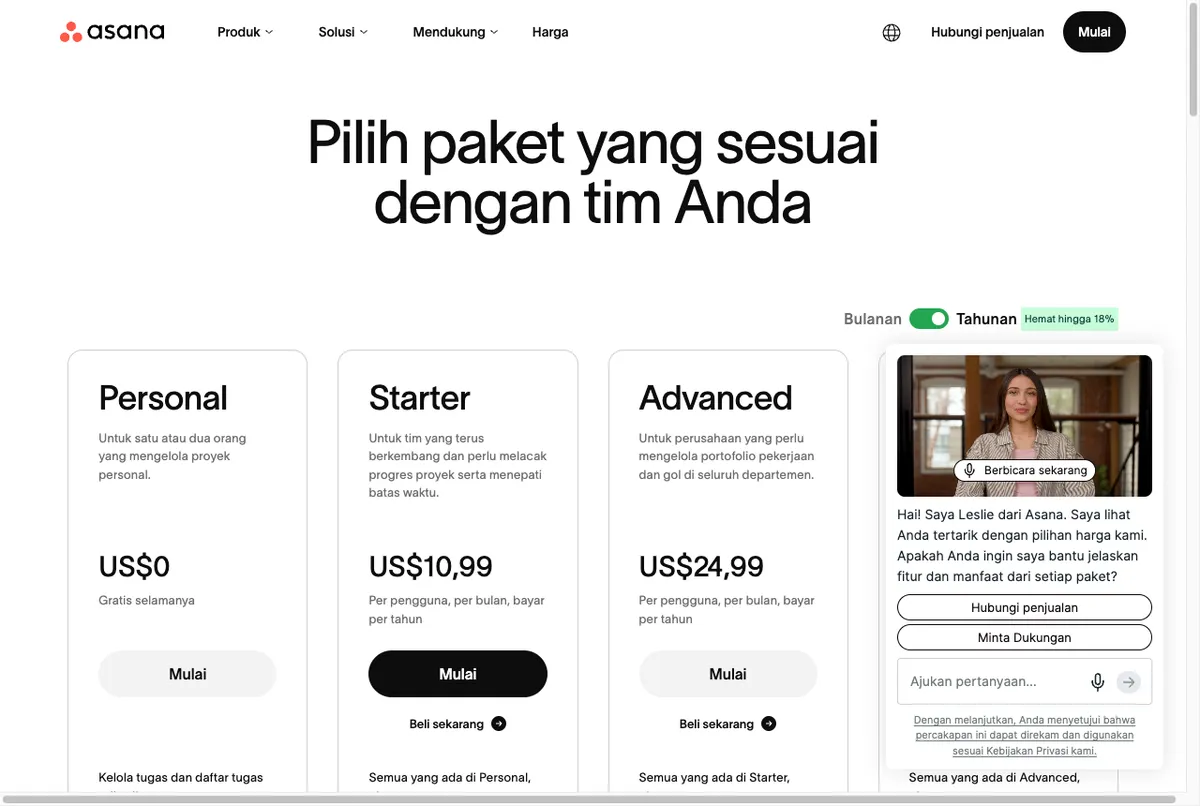Tabel harga paket Asana untuk manajemen proyek di halaman resmi asana.com