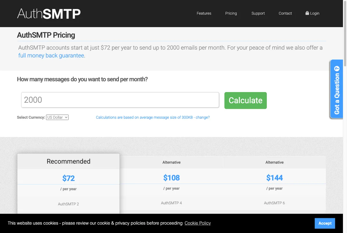 Tabel harga paket layanan SMTP AuthSMTP di halaman resmi authsmtp.com