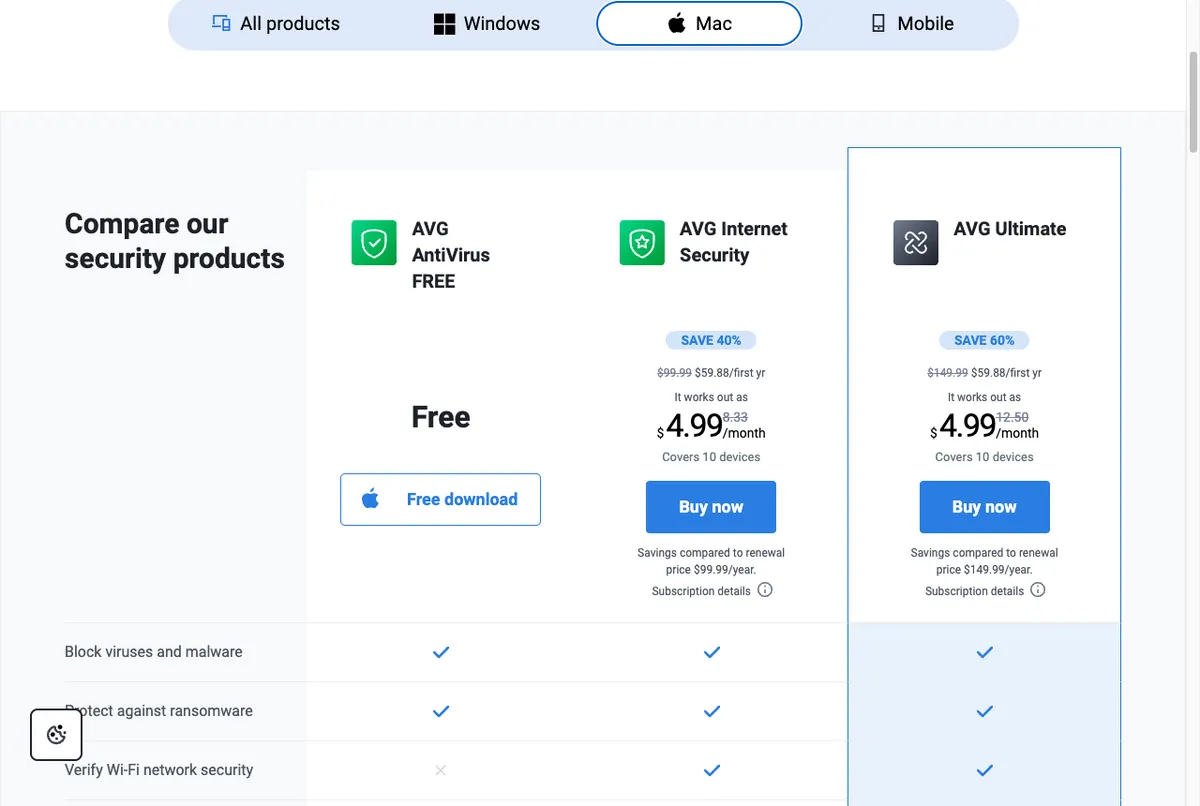 Perbandingan produk AVG AntiVirus FREE, Internet Security, dan Ultimate beserta harganya
