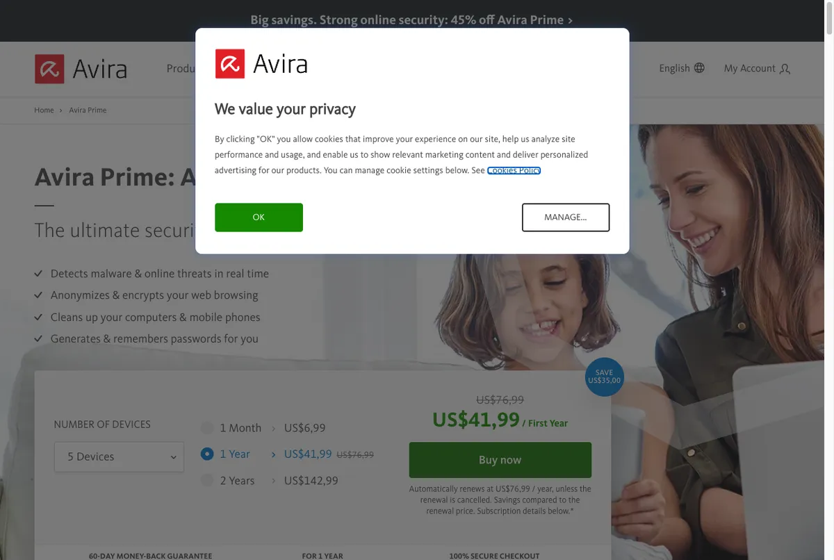 Halaman harga resmi Avira Prime beserta pilihan jumlah perangkat