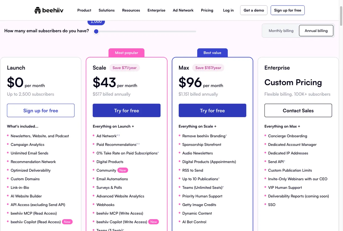 Tabel harga platform newsletter beehiiv di halaman resmi beehiiv.com
