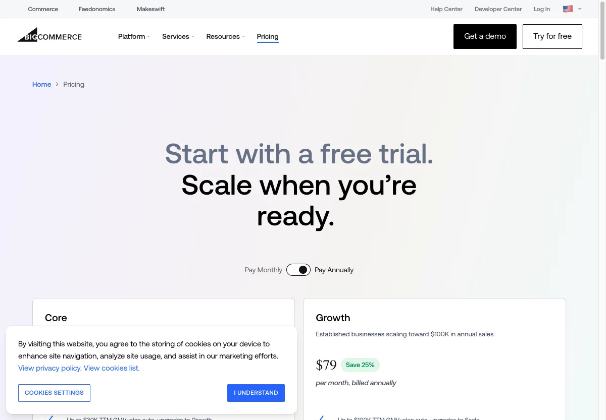 Halaman harga BigCommerce paket Core, Growth, Scale, dan Performance