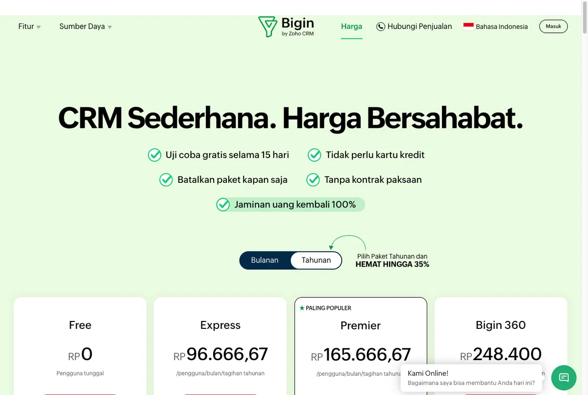 Tabel harga CRM Bigin dalam Rupiah di halaman resmi bigin.com