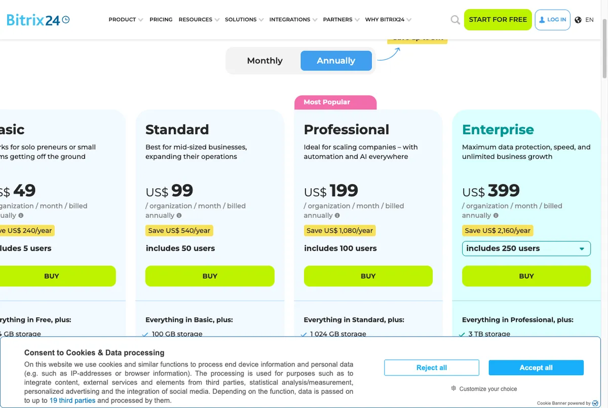 Tabel harga Bitrix24 per organisasi di halaman resmi bitrix24.com
