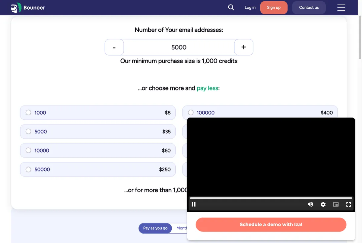 Daftar harga kredit validasi email Bouncer di halaman resmi usebouncer.com