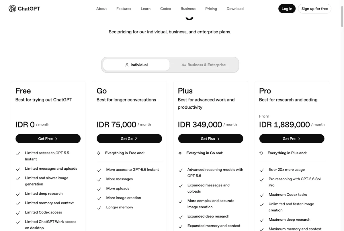 Harga ChatGPT Plus di Indonesia Rp349.000 per bulan di halaman resmi per Juli 2026