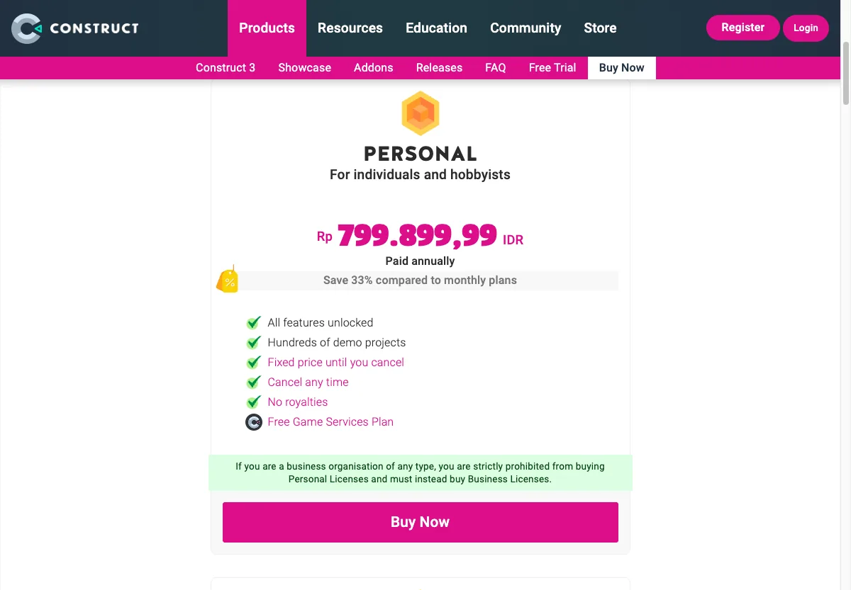 harga construct 3 personal rupiah per tahun
