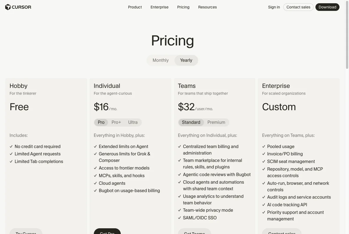 Harga langganan Cursor Pro dan Ultra di halaman resmi per Juli 2026