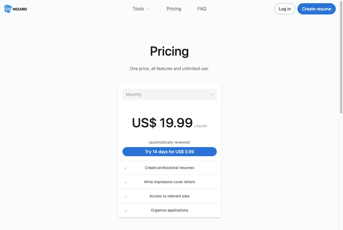 Harga langganan CVwizard 19,99 dolar per bulan di halaman resmi Juli 2026