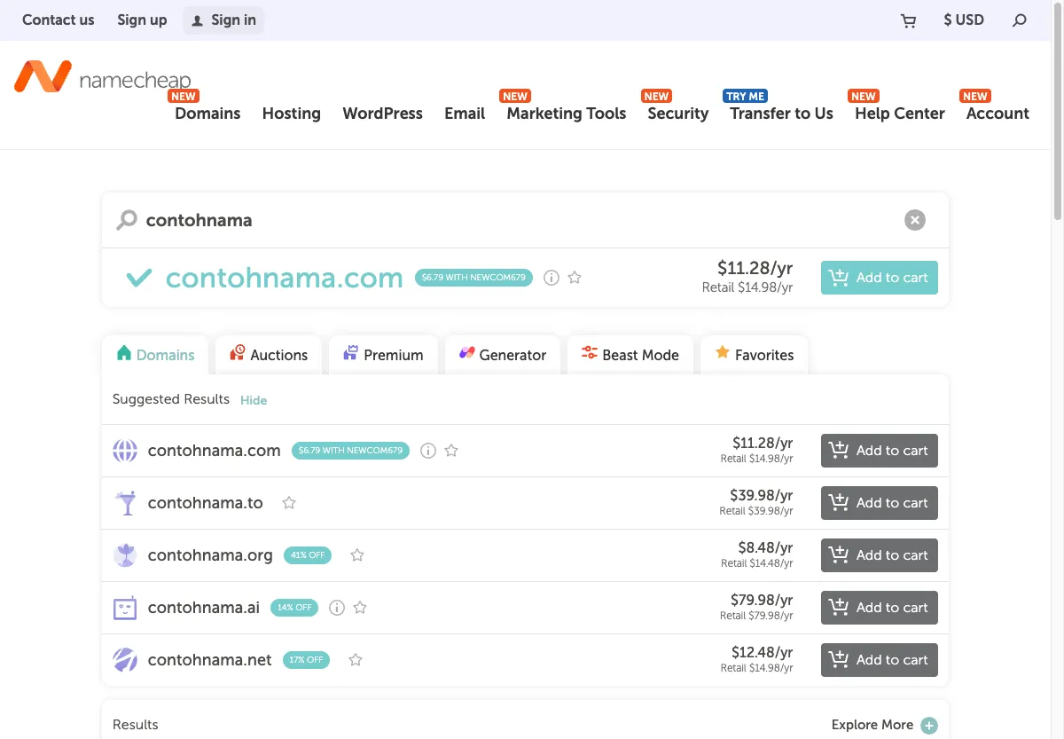 Hasil pencarian domain di Namecheap beserta harga per tahun