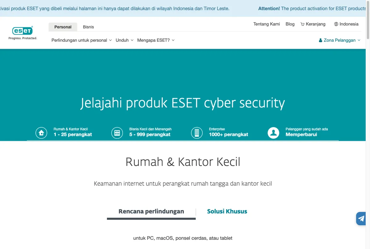 Halaman harga resmi ESET Indonesia dengan paket Essential, Premium, dan Ultimate dalam Rupiah
