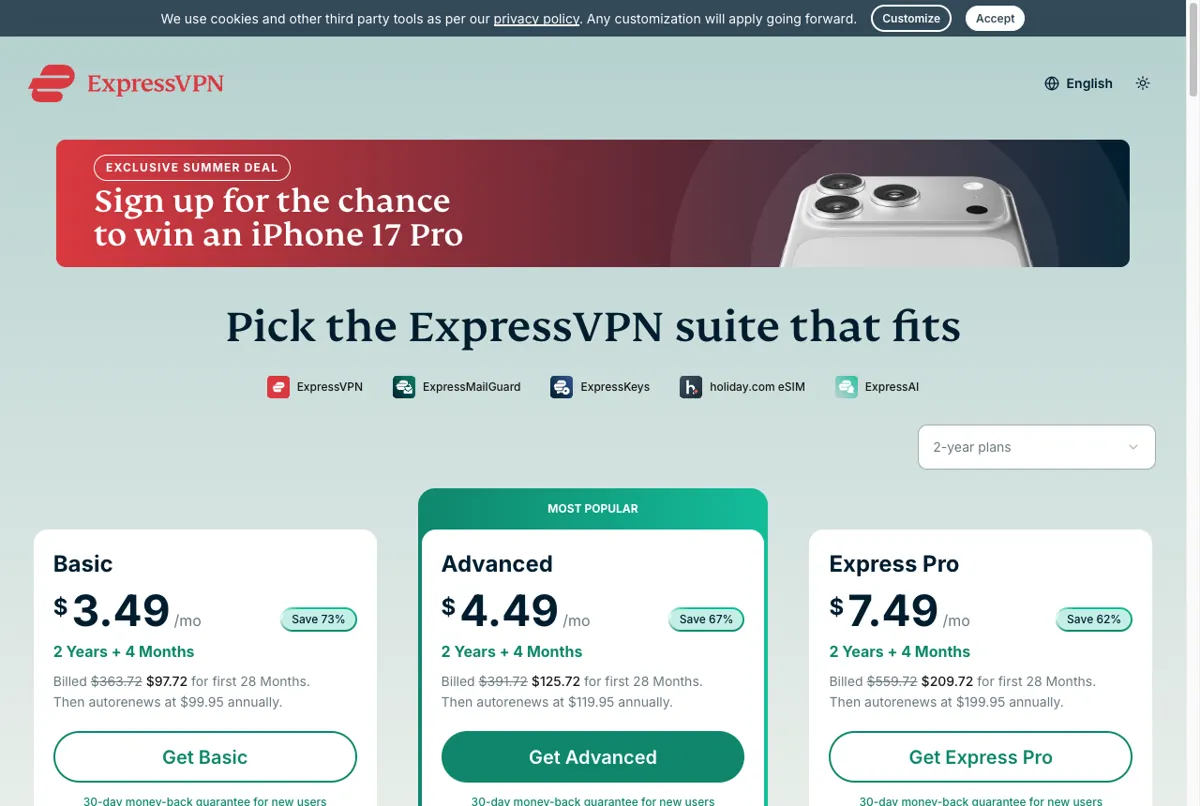 Harga paket ExpressVPN Basic Advanced di halaman resmi per Juli 2026