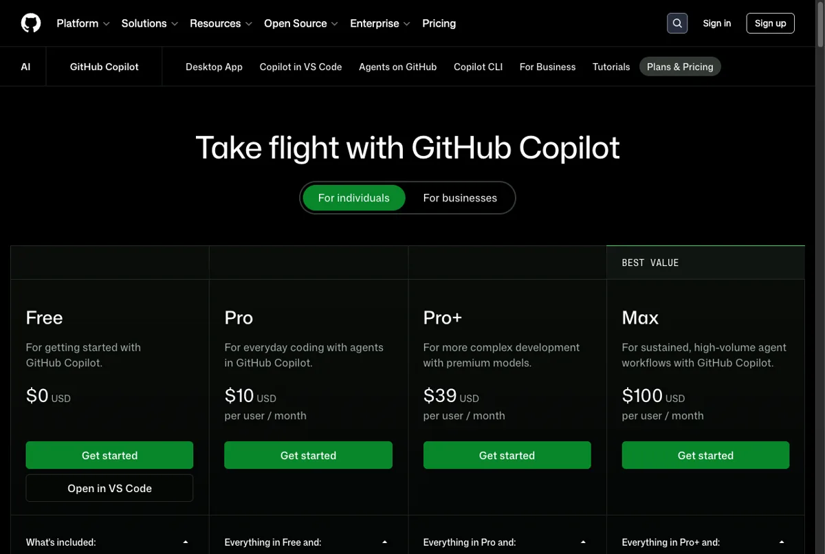 Harga GitHub Copilot Free Pro Pro Plus di halaman resmi per Juli 2026
