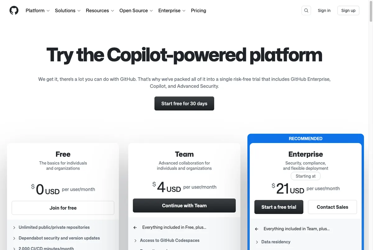 Harga paket GitHub Free Team Enterprise di halaman resmi per Juli 2026
