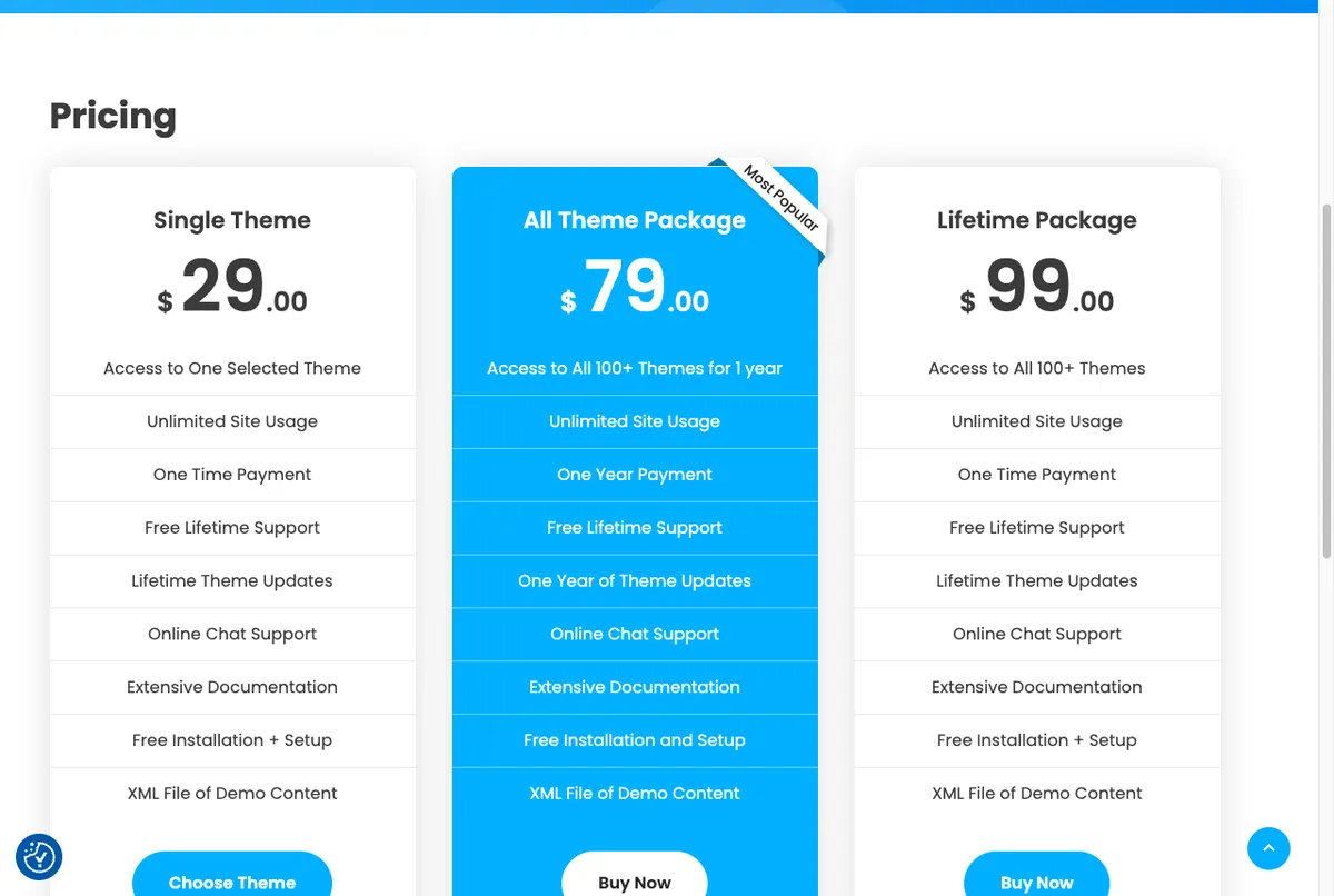 Tabel harga tema WordPress Grace Themes di halaman resmi gracethemes.com