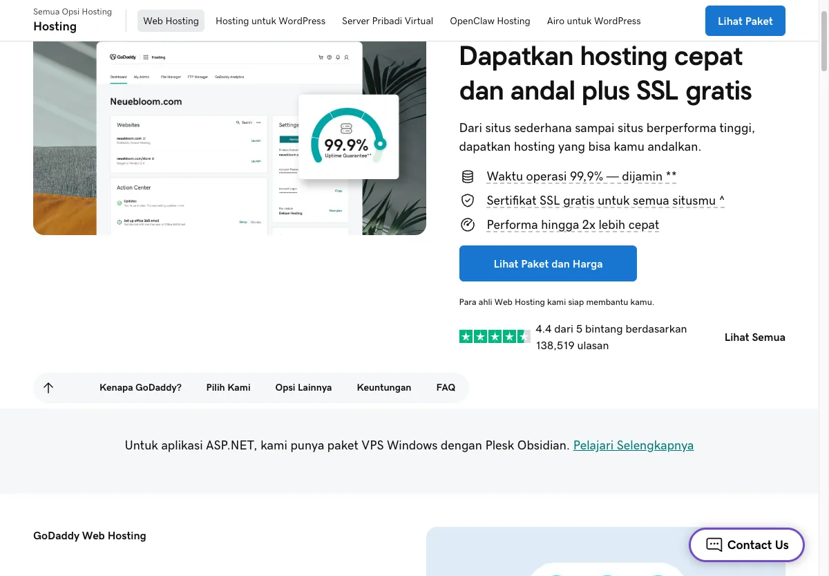 Halaman paket dan harga web hosting GoDaddy
